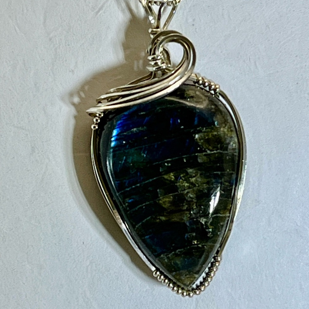 Blue and Sterling Silver Labradorite Necklace with Intricate Wire Wrap